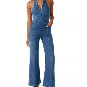 Free People Sweet Thing Stretchy Halter Denim Overalls